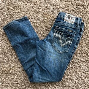 Salvage Distressed Chevron Pocket Bootcut Jeans - Blue